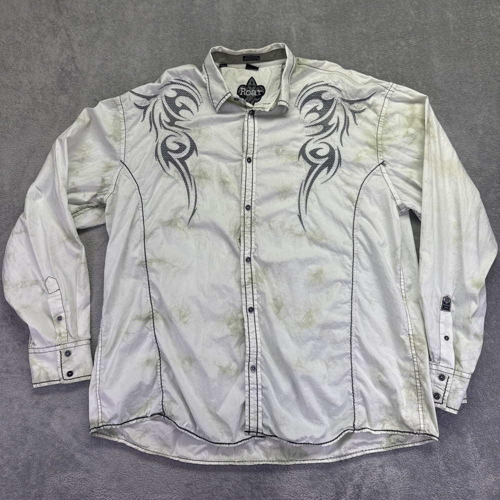 Roar Mens Embroidered Shirt Size 3XL Long Sleeve White Cross Y2K Button Western